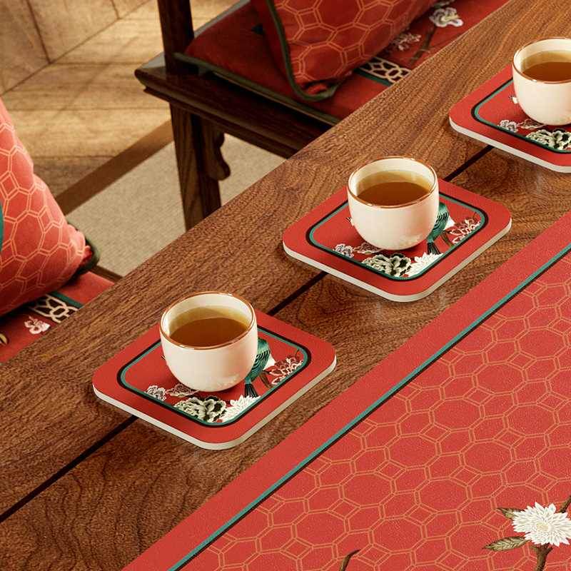 Chinoiserie Royal Red Festive Leather Tea Table Mat - SinoCultural -- TM039A15 -