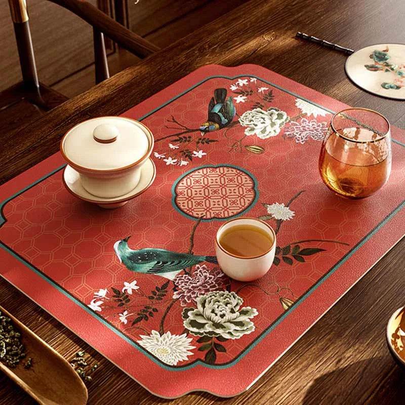 Chinoiserie Royal Red Festive Leather Tea Table Mat - SinoCultural -- TM039A15 -