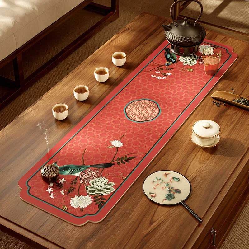 Chinoiserie Royal Red Festive Leather Tea Table Mat - SinoCultural -- TM039A15 -