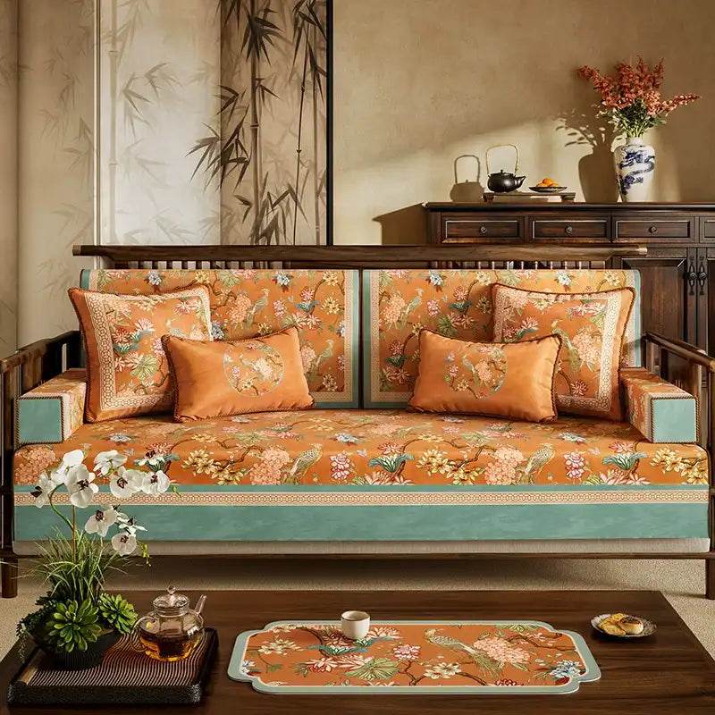 Chinoiserie Short Plush Lumbar Pillow Orange Hydrangea Dream - SinoCultural -- WP003A01 -