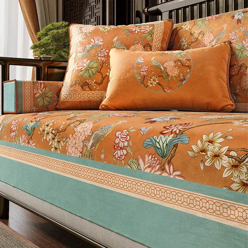 Chinoiserie Vintage Orange Mountain Bird Hydrangea Sofa Slipcover - SinoCultural -- S0C001A9090