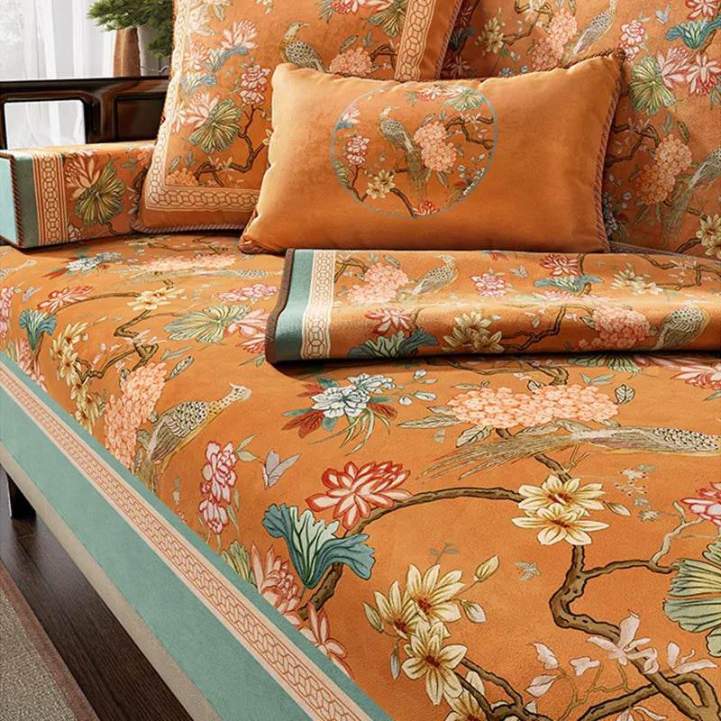 Chinoiserie Vintage Orange Mountain Bird Hydrangea Sofa Slipcover - SinoCultural -- S0C001A9090