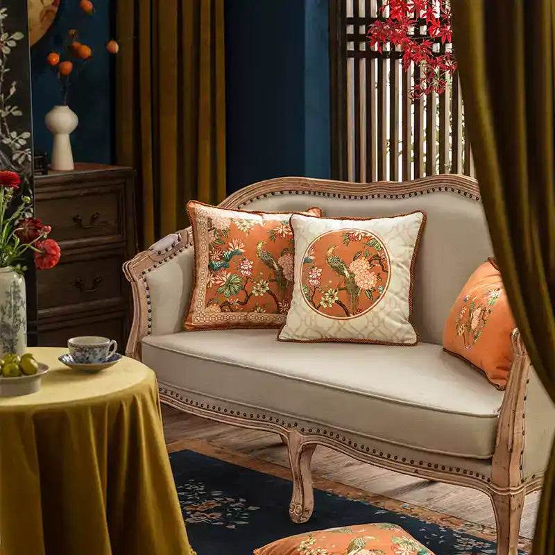 Chinoiserie Sofa Cushion Throw Pillow Orange Hydrangea Dream - SinoCultural -- SJZBZ028A01