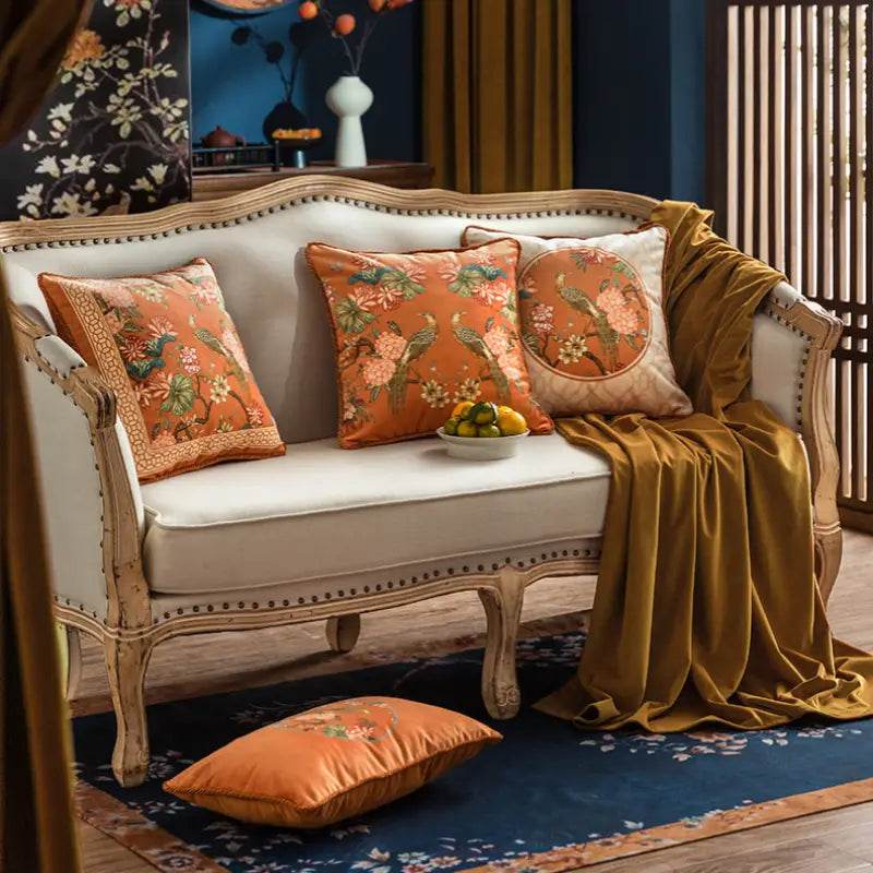 Chinoiserie Sofa Cushion Throw Pillow Orange Hydrangea Dream - SinoCultural -- SJZBZ028A01