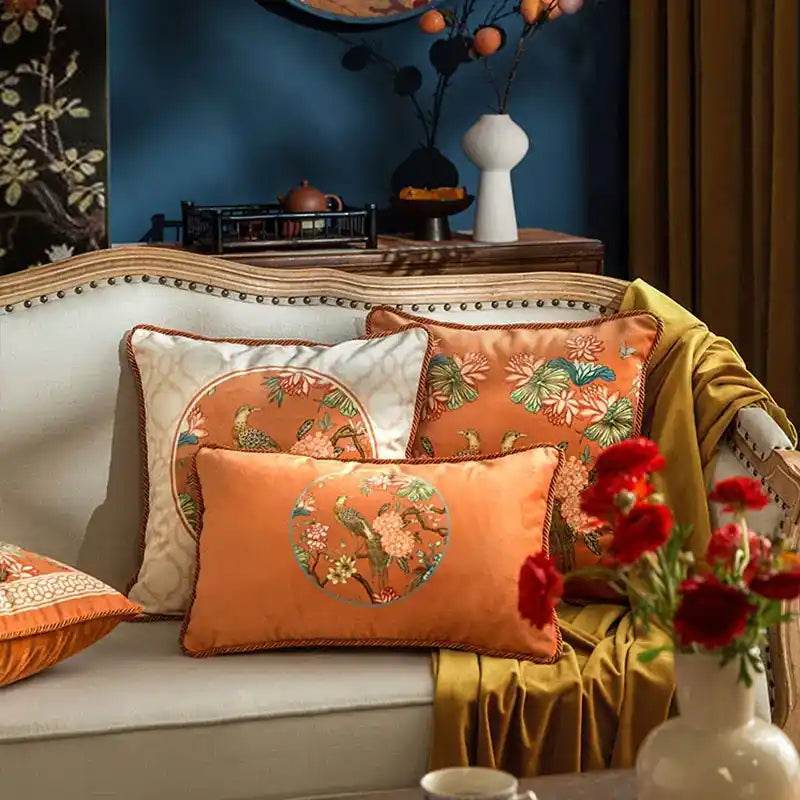 Chinoiserie Sofa Cushion Throw Pillow Orange Hydrangea Dream - SinoCultural -- SJZBZ028A01 -