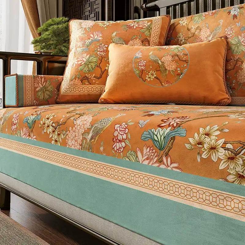 Chinoiserie Short Plush Lumbar Pillow Orange Hydrangea Dream - SinoCultural -- WP003A01 -