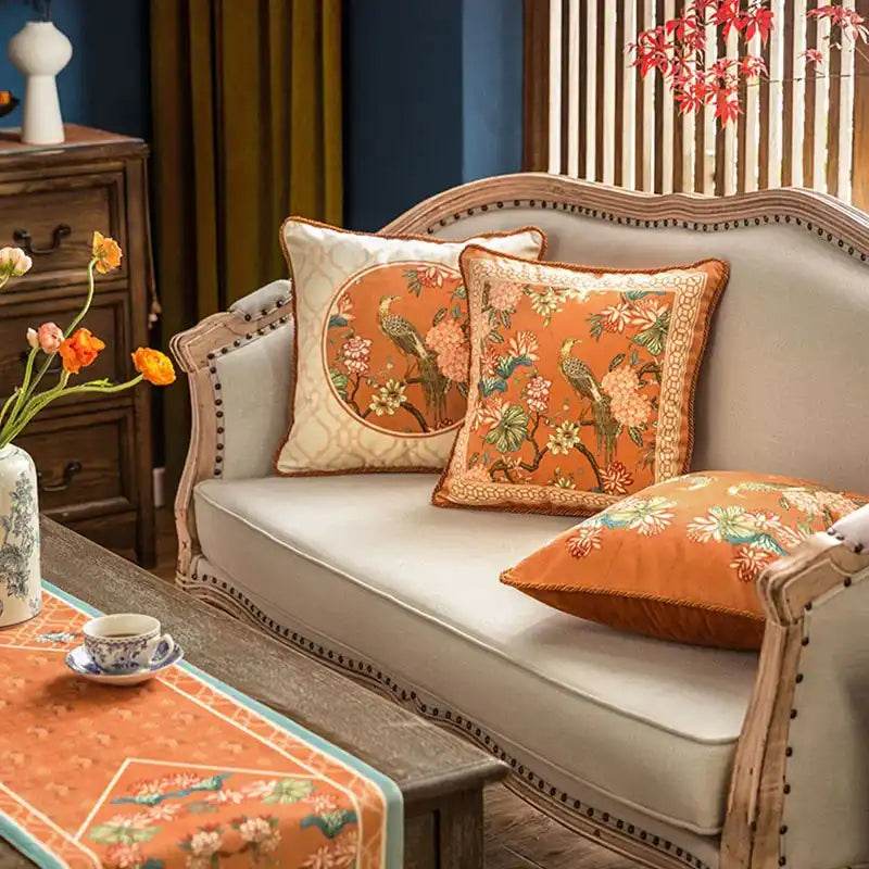 Chinoiserie Sofa Cushion Throw Pillow Orange Hydrangea Dream - SinoCultural -- SJZBZ028A01