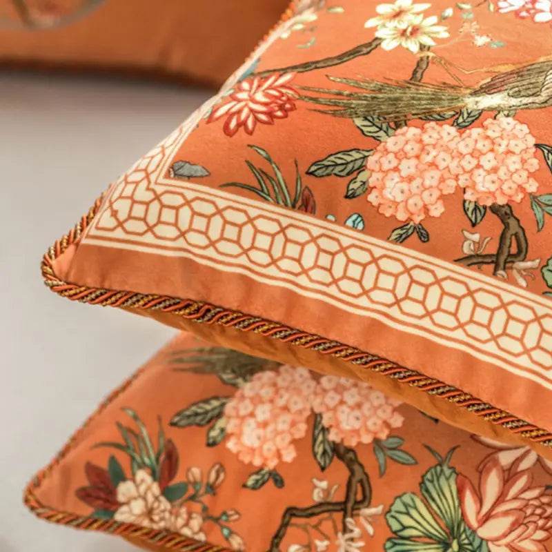Chinoiserie Sofa Cushion Throw Pillow Orange Hydrangea Dream - SinoCultural -- SJZBZ028A01 -