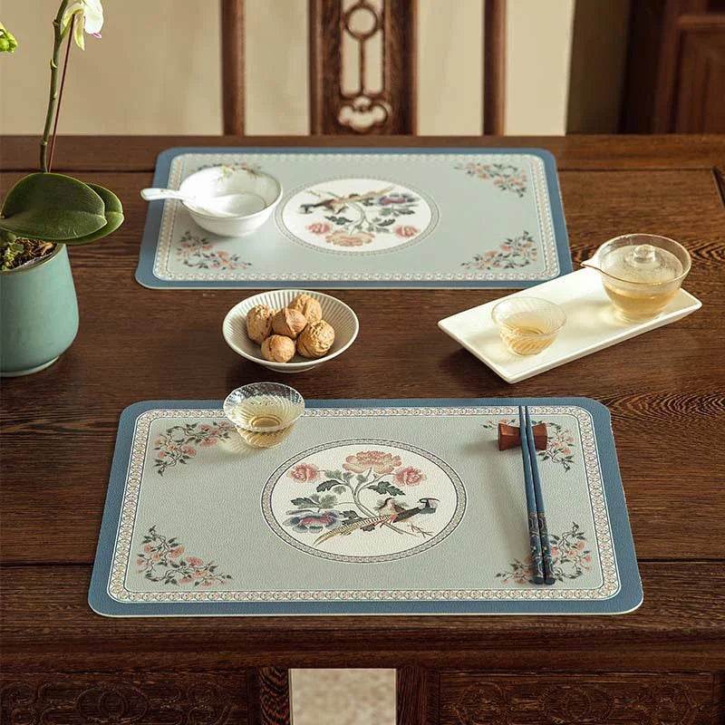 2-Piece Chinoiserie Spring Bird and Flower Pattern Washable Placemat - SinoCultural -- TM036A3045 -
