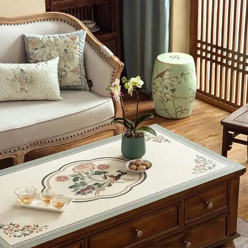 Chinoiserie Spring Blossom Leather Rectangular Tablecloth - SinoCultural -- TM030A4060 -