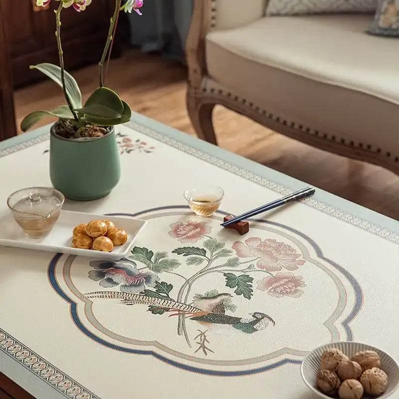 Chinoiserie Spring Blossom Leather Rectangular Tablecloth - SinoCultural -- TM030A4060 -