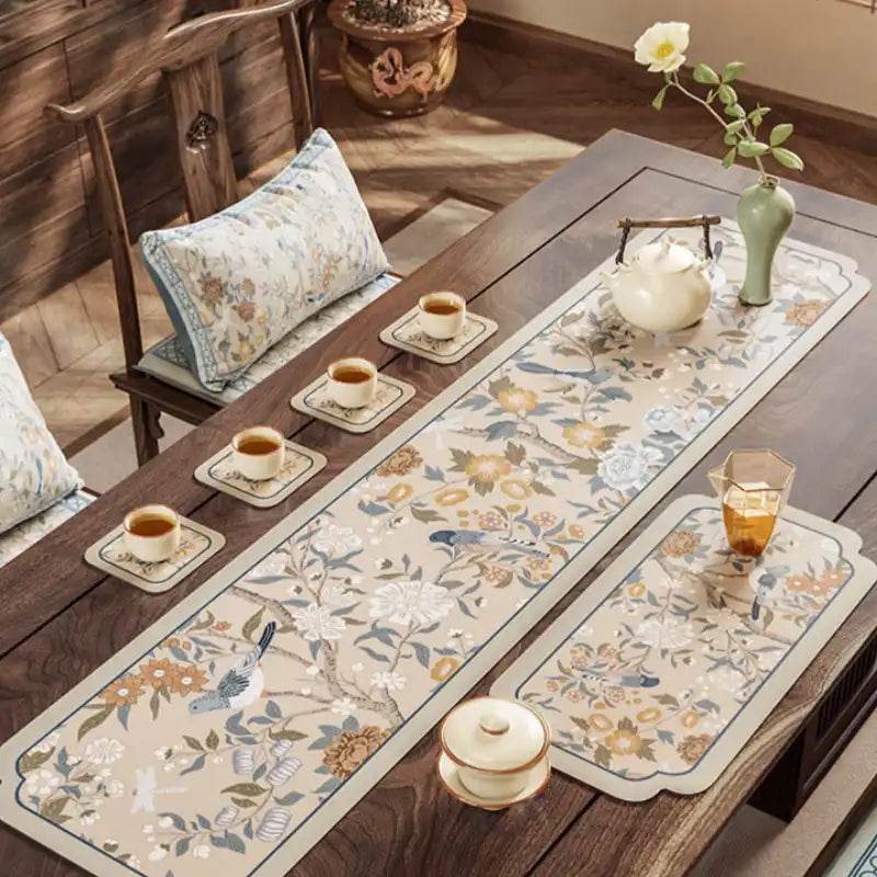 Chinoiserie Spring Blossom Vintage Leather Table Mat - SinoCultural -- TM048A15
