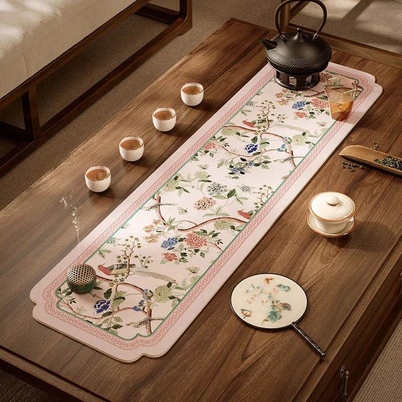 Chinoiserie Spring Powder Pink Silicone Diatom Tea Table Mat Runner - SinoCultural -- TM033A15