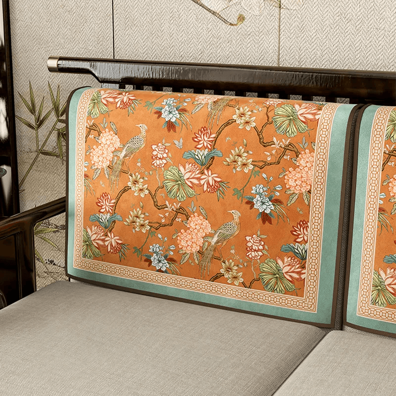 Chinoiserie Vintage Orange Mountain Bird Hydrangea Sofa Slipcover - SinoCultural -- S0C001A9090