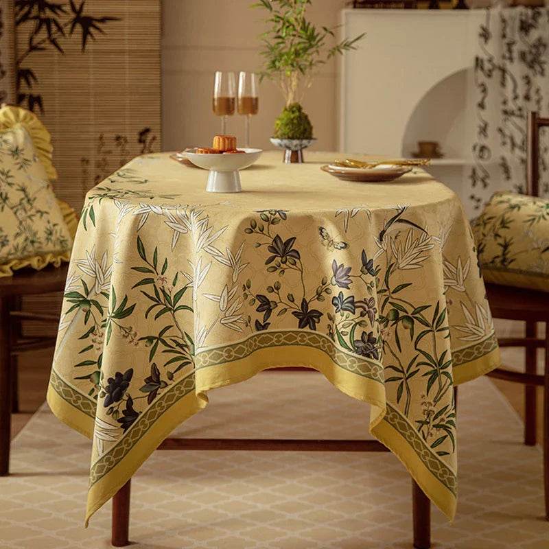 Chinoiserie Traditional Autumn Orchids Yellow Round Tablecloth - SinoCultural -- TC003Y85