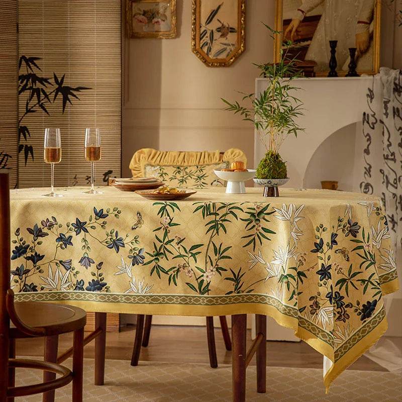 Chinoiserie Traditional Autumn Orchids Yellow Round Tablecloth - SinoCultural -- TC003Y85