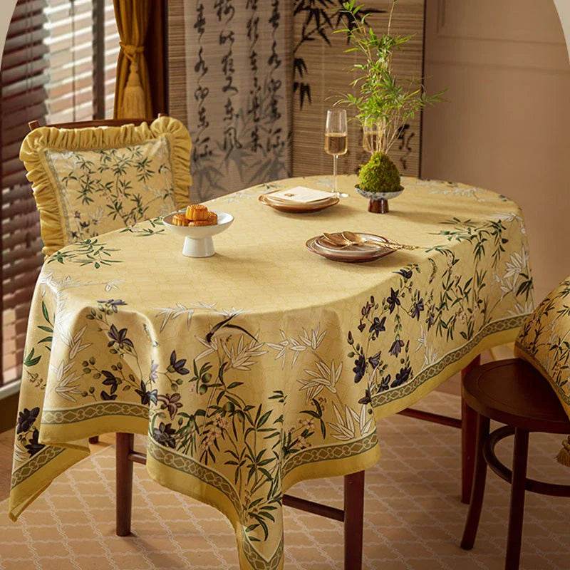 Chinoiserie Traditional Autumn Orchids Yellow Round Tablecloth - SinoCultural -- TC003Y85