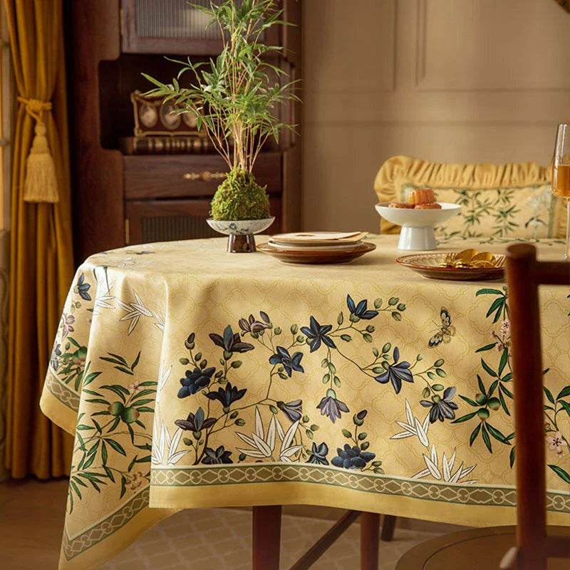 Chinoiserie Traditional Autumn Orchids Yellow Round Tablecloth - SinoCultural -- TC003Y85