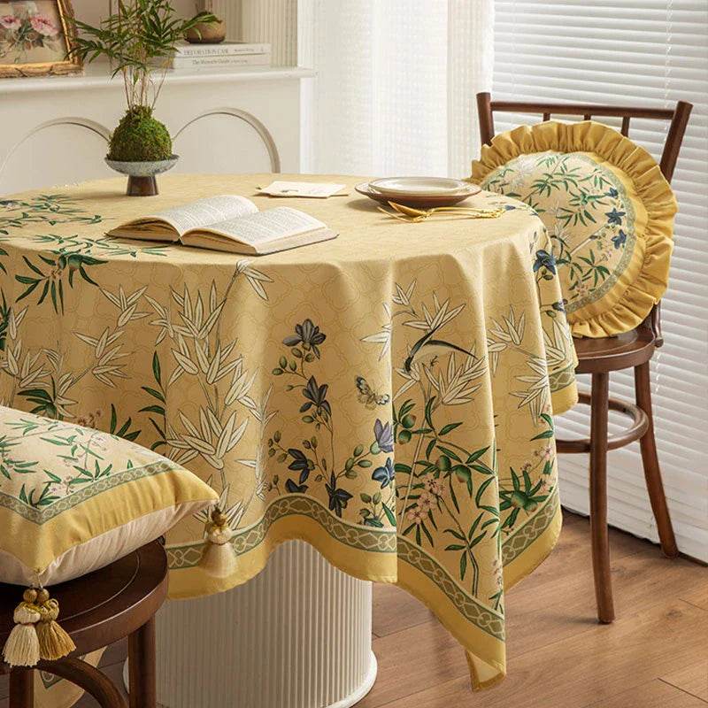 Chinoiserie Traditional Autumn Orchids Yellow Round Tablecloth - SinoCultural -- TC003Y85