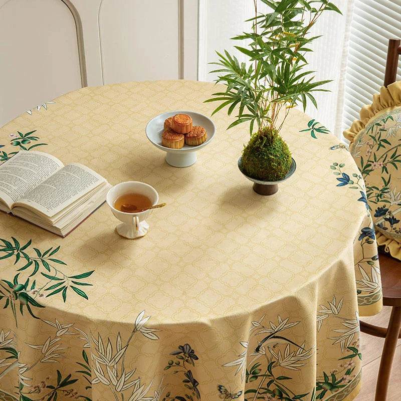 Chinoiserie Traditional Autumn Orchids Yellow Round Tablecloth - SinoCultural -- TC003Y85