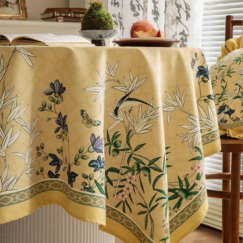 Chinoiserie Traditional Autumn Orchids Yellow Round Tablecloth - SinoCultural -- TC003Y85