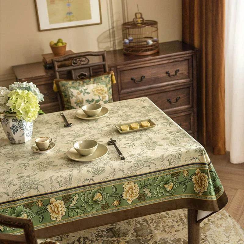Chinoiserie Traditional Autumn Orchids Green Tablecloth - SinoCultural -- TC004G85 -