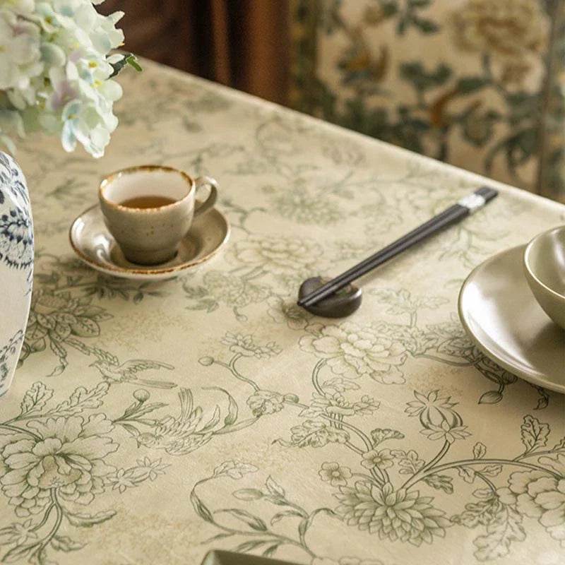 Chinoiserie Traditional Autumn Orchids Green Tablecloth - SinoCultural -- TC004G85 -