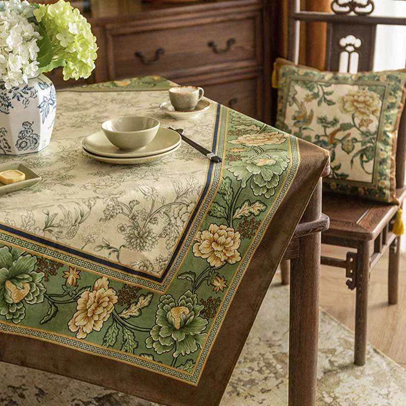Chinoiserie Traditional Autumn Orchids Green Tablecloth - SinoCultural -- TC004G85 -