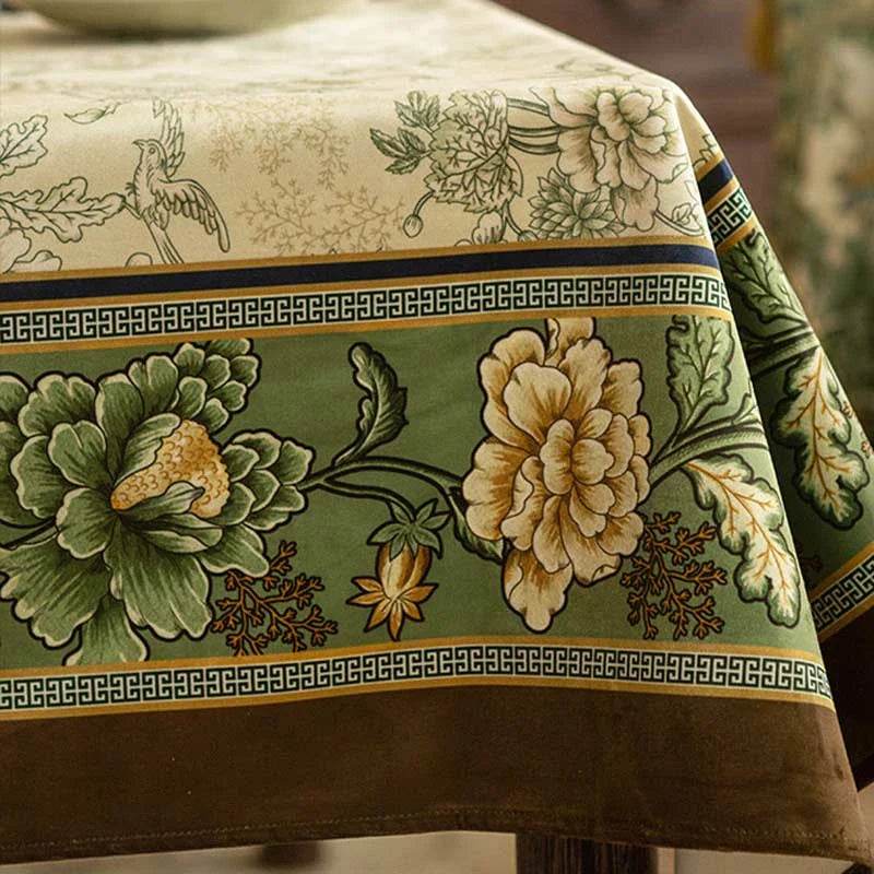 Chinoiserie Traditional Autumn Orchids Green Tablecloth - SinoCultural -- TC004G85 -