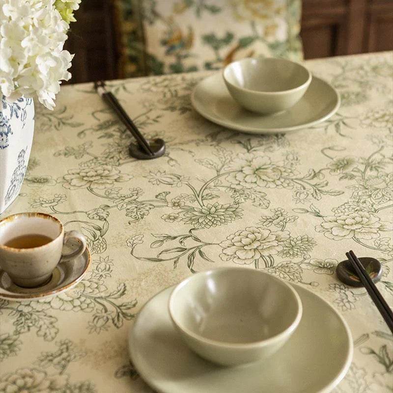 Chinoiserie Traditional Autumn Orchids Green Tablecloth - SinoCultural -- TC004G85 -