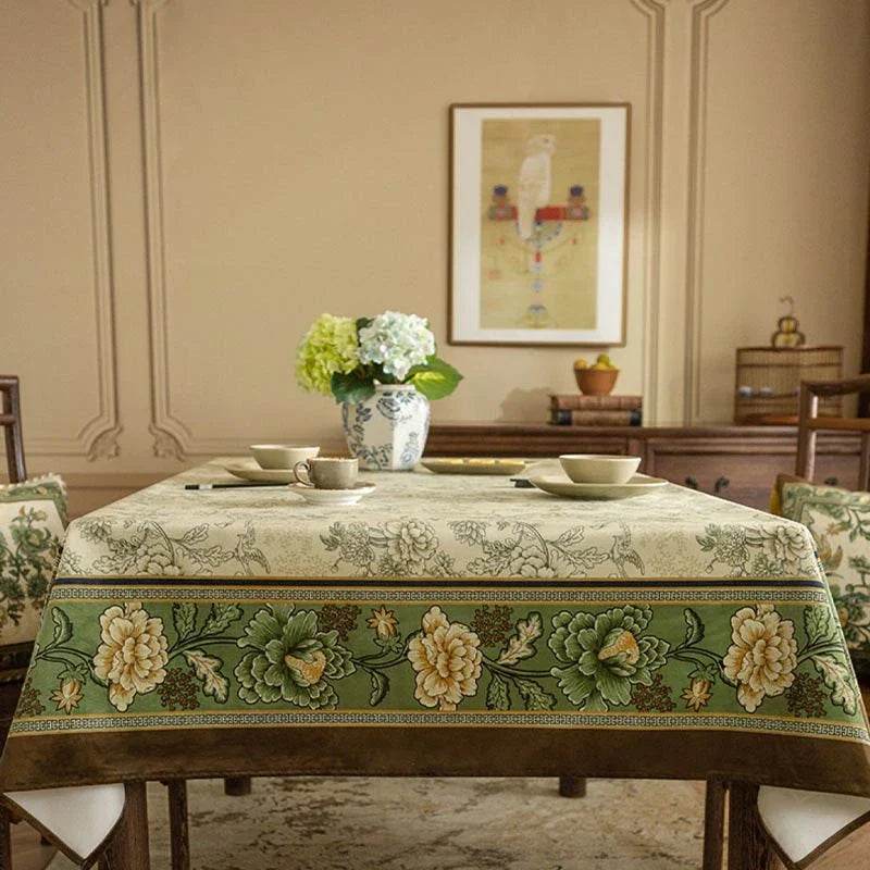 Chinoiserie Traditional Autumn Orchids Green Tablecloth - SinoCultural -- TC004G85
