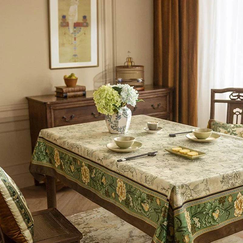 Chinoiserie Traditional Autumn Orchids Green Tablecloth - SinoCultural -- TC004G85 -