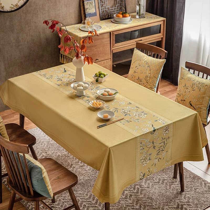 Chinoiserie Traditional Golden Autumn Yellow Tablecloth - SinoCultural -- TC002Y85