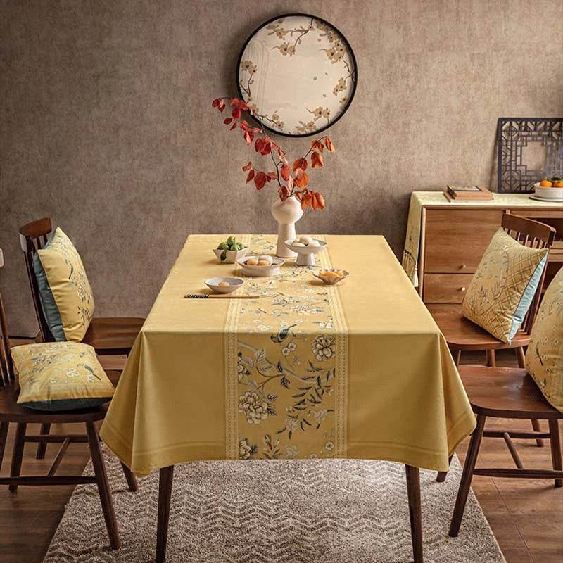 Chinoiserie Traditional Golden Autumn Yellow Tablecloth - SinoCultural -- TC002Y85 -