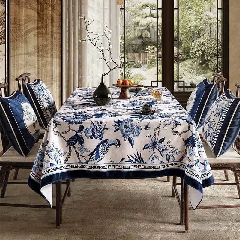 Chinoiserie Vintage Blue and White Flowers and Birds Tablecloth - SinoCultural -- TC006BW85
