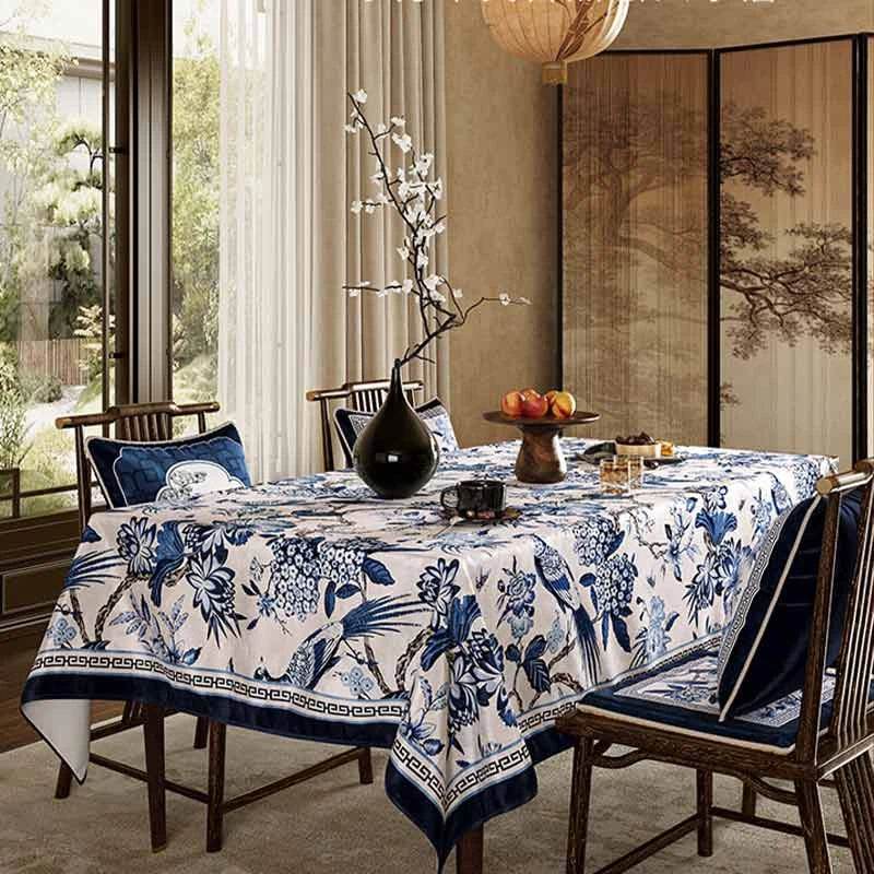 Chinoiserie Vintage Blue and White Flowers and Birds Tablecloth - SinoCultural -- TC006BW85