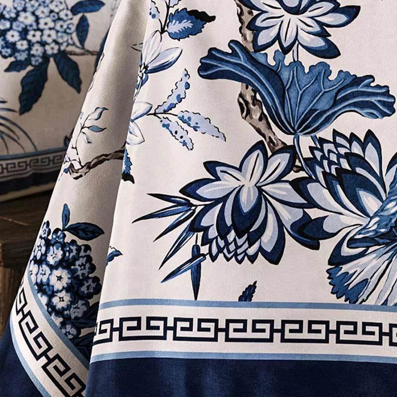 Chinoiserie Vintage Blue and White Flowers and Birds Tablecloth - SinoCultural -- TC006BW85
