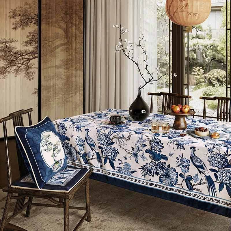 Chinoiserie Vintage Blue and White Flowers and Birds Tablecloth - SinoCultural -- TC006BW85