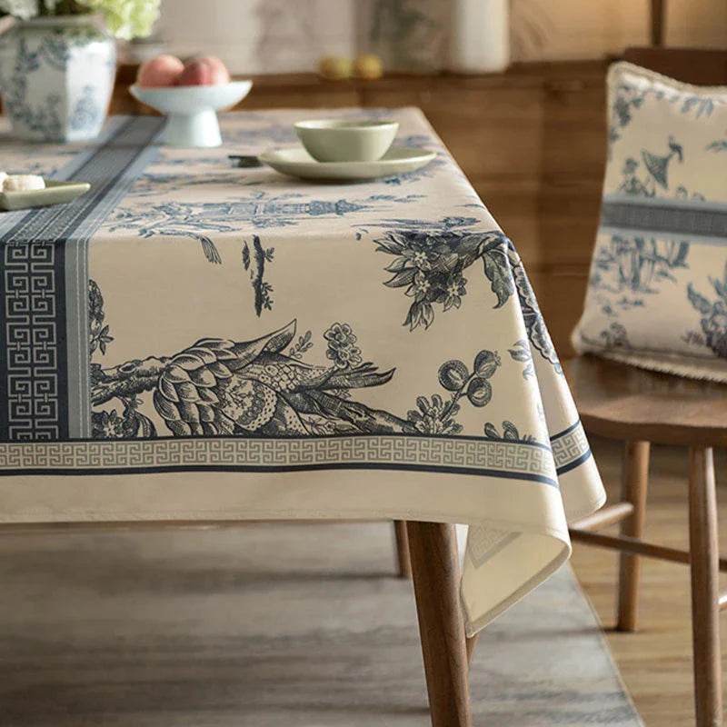 Chinoiserie Vintage Blue and White Tablecloth Pagoda - SinoCultural -- TC007BW85