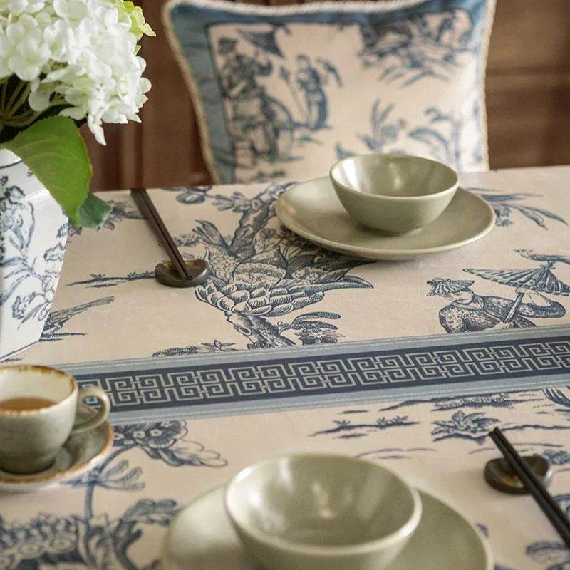 Chinoiserie Vintage Blue and White Tablecloth Pagoda - SinoCultural -- TC007BW85