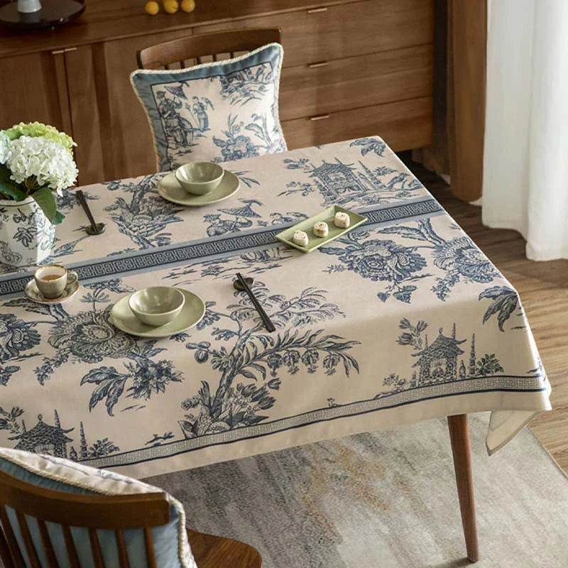 Chinoiserie Vintage Blue and White Tablecloth Pagoda - SinoCultural -- TC007BW85