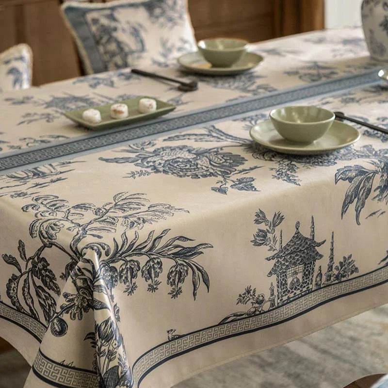 Chinoiserie Vintage Blue and White Tablecloth Pagoda - SinoCultural -- TC007BW85