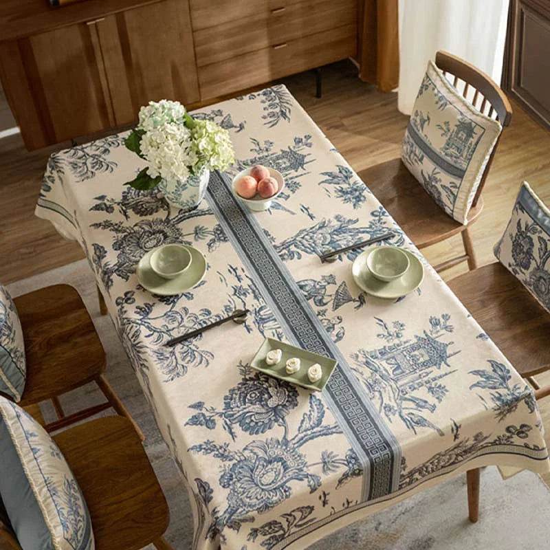 Chinoiserie Vintage Blue and White Tablecloth Pagoda - SinoCultural -- TC007BW85
