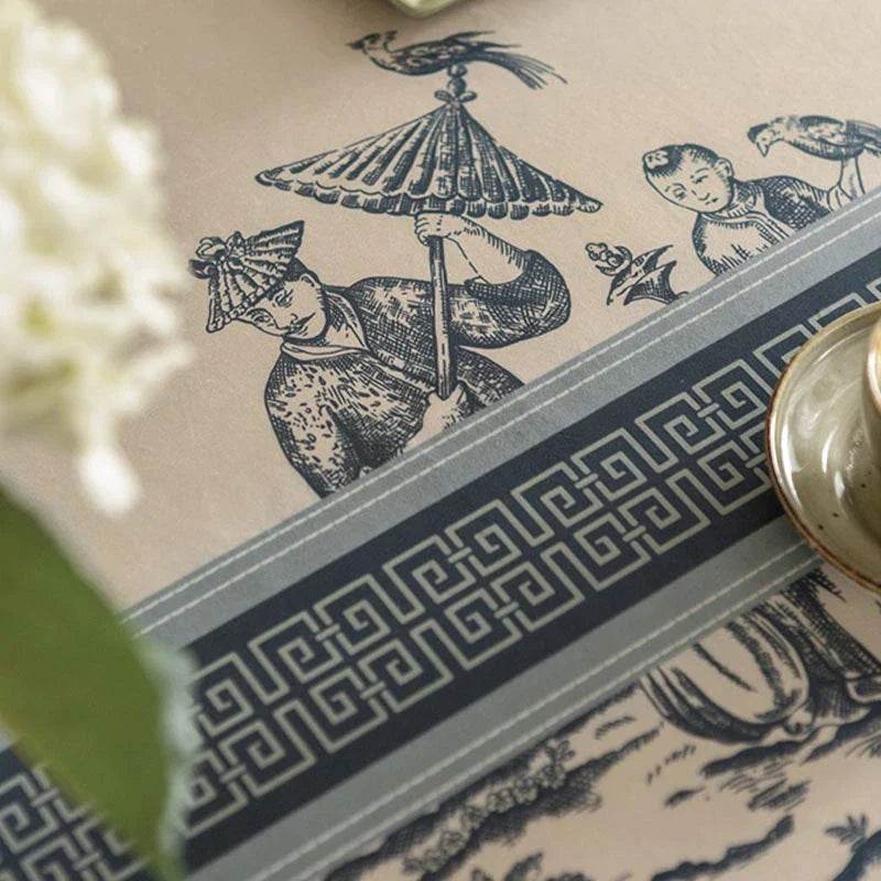 Chinoiserie Vintage Blue and White Tablecloth Pagoda - SinoCultural -- TC007BW85