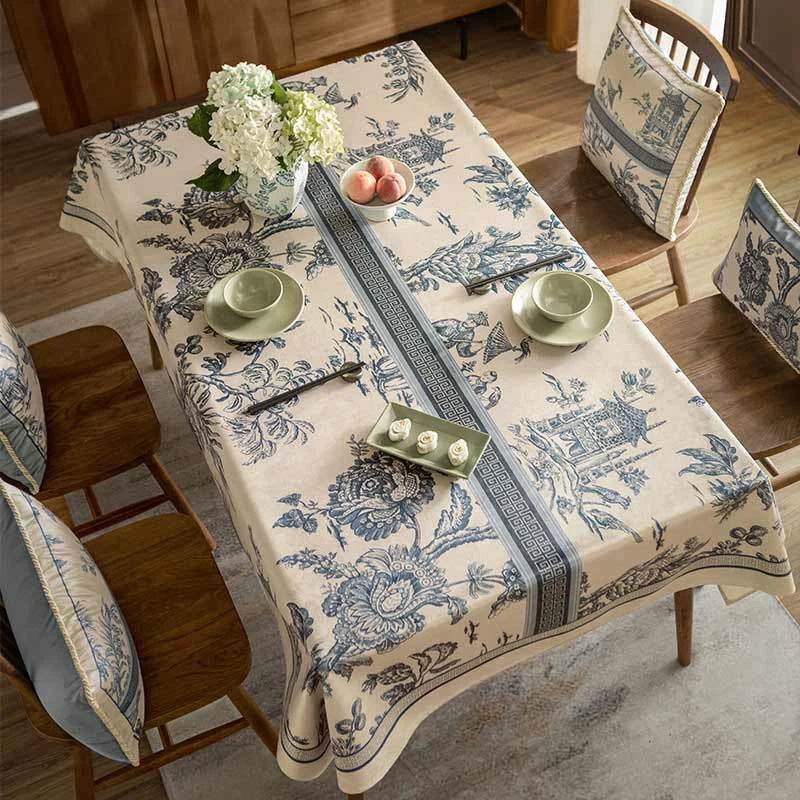 Chinoiserie Vintage Blue and White Tablecloth Pagoda - SinoCultural -- TC007BW85