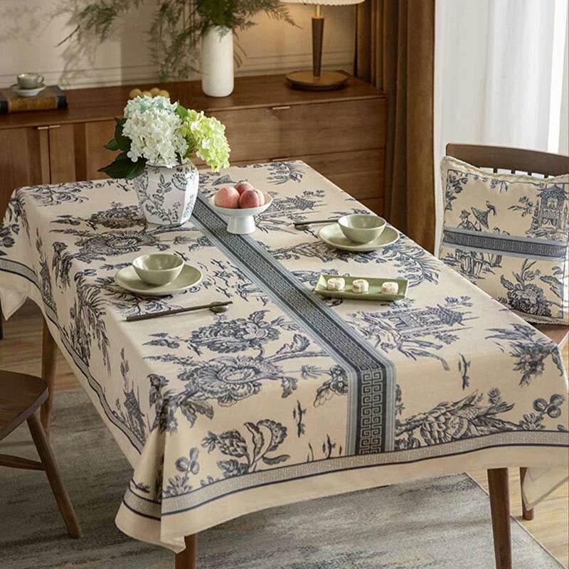 Chinoiserie Vintage Blue and White Tablecloth Pagoda - SinoCultural -- TC007BW85