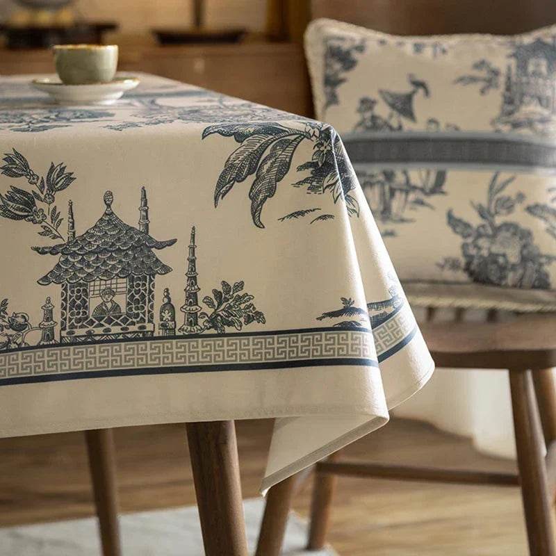 Chinoiserie Vintage Blue and White Tablecloth Pagoda - SinoCultural -- TC007BW85