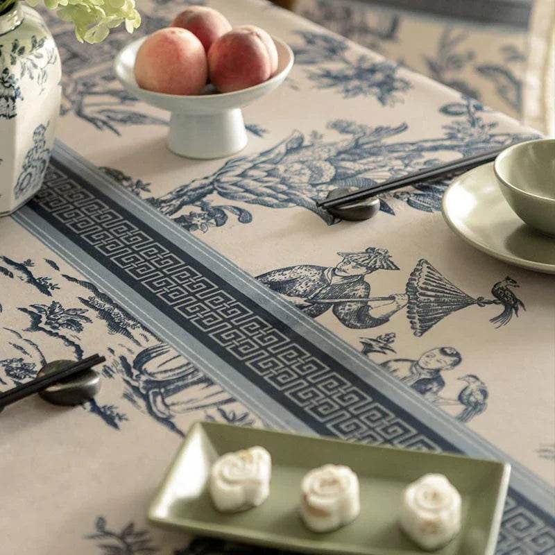 Chinoiserie Vintage Blue and White Tablecloth Pagoda - SinoCultural -- TC007BW85