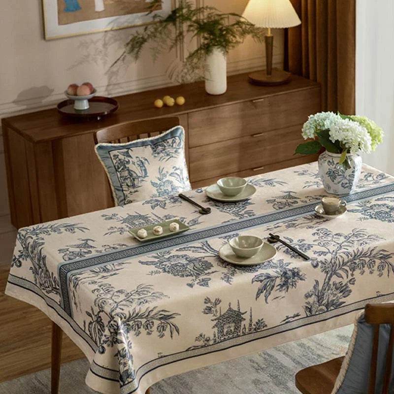 Chinoiserie Vintage Blue and White Tablecloth Pagoda - SinoCultural -- TC007BW85