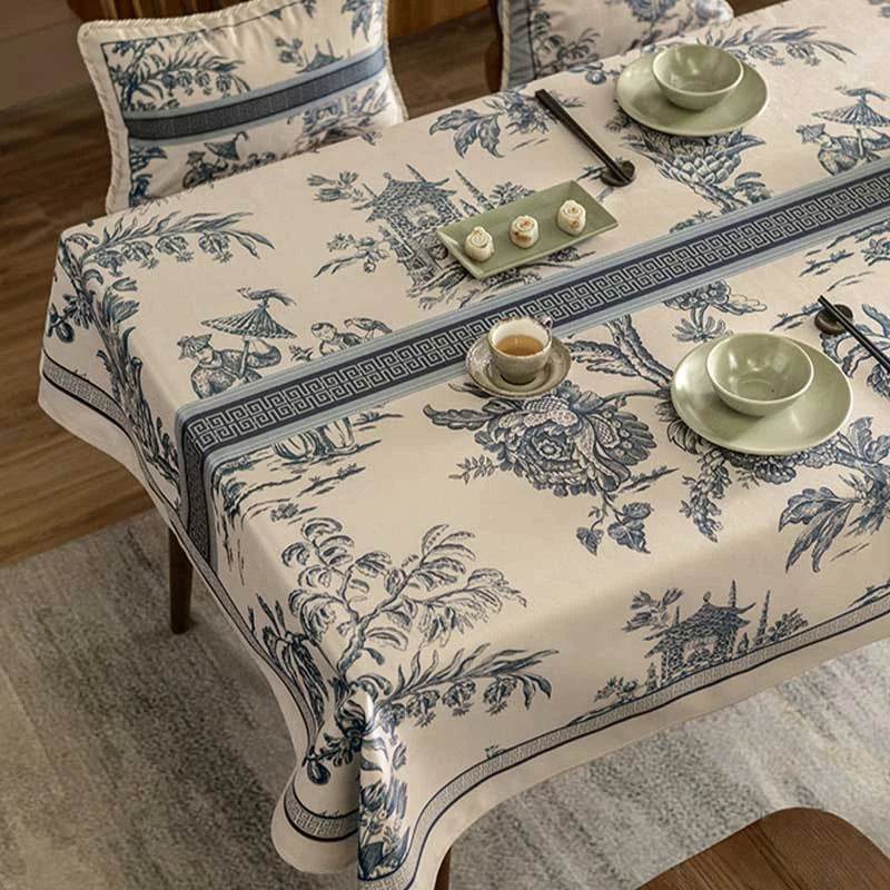 Chinoiserie Vintage Blue and White Tablecloth Pagoda - SinoCultural -- TC007BW85